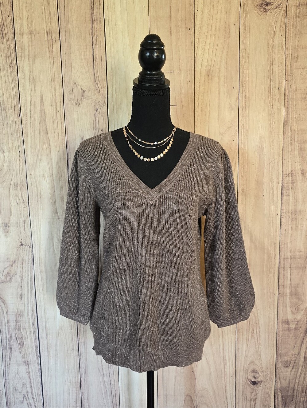 V-Neck Metallic Knit Sweater - Brown